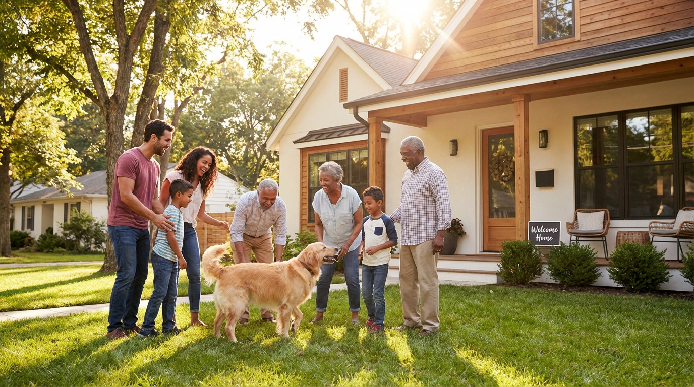 Happy family in front of their home